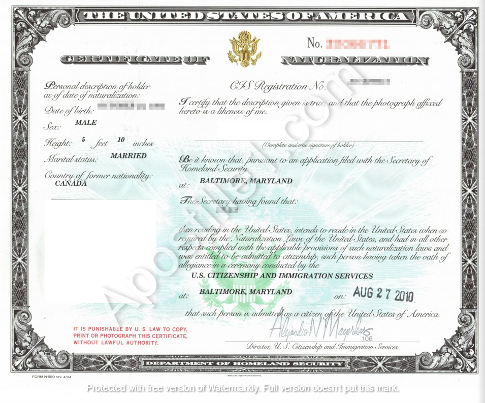 Naturalization Certificate Online Apostille Services